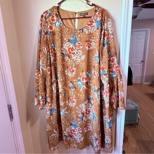 Papermoon Mustard Floral Midi Dress with Blue & White Accents